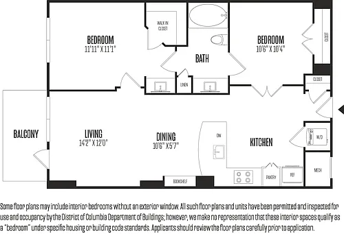 Floor plan 2 Bed/1 Bath-2B