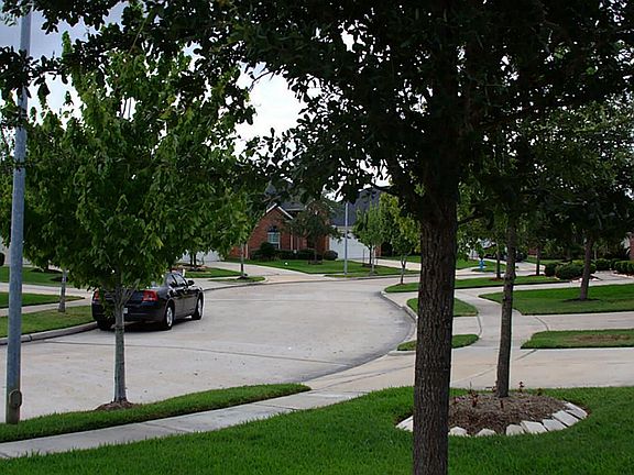  Short cul-de-sac street view with lots of trees.