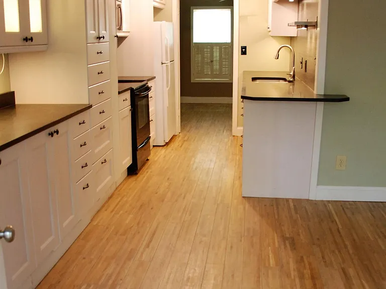 View of main living area, kitchen, and flex room from back door to patio.