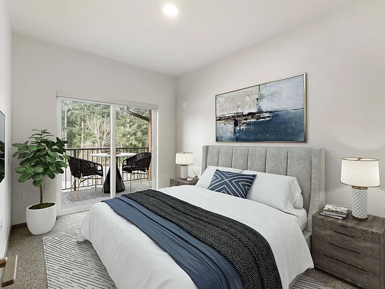 Red Cedar Furnished Guest Bedroom and Balcony