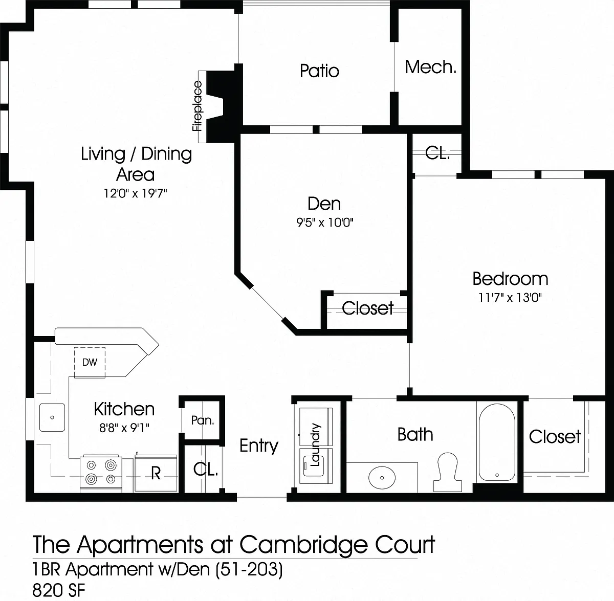 Floor plan 1BR 1BA (820sf)