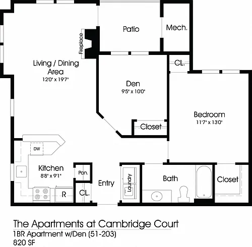 Floor plan 1BR 1BA (820sf)