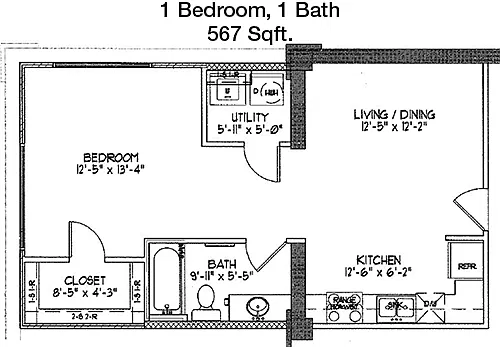 Floor plan 1 bed, 1 bath