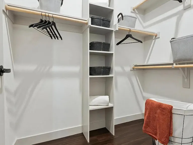 Walk-In Closet with Built-In Shelves, Hanging Rods, and Storage Bins