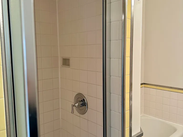 Door open to reveal a modern shower stall, plus a bathtub