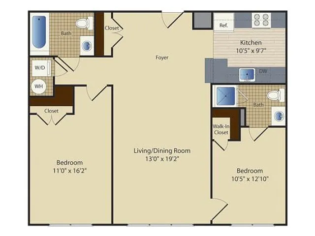 Floor plan Two Bedroom Two Bath (1008 SF)