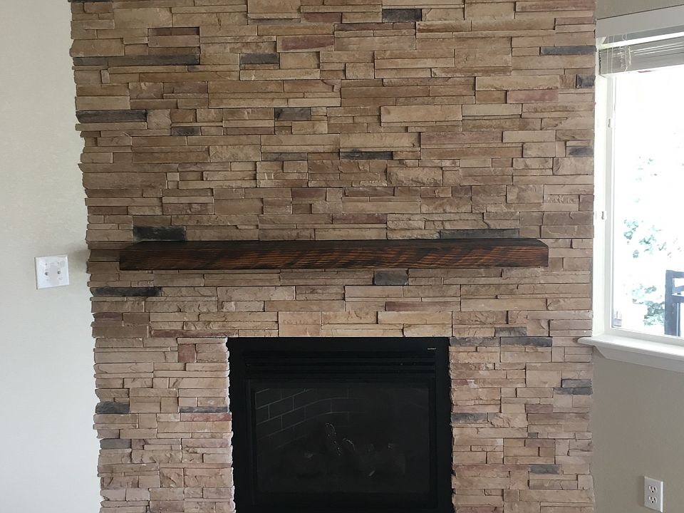 Stacked stone fireplace
