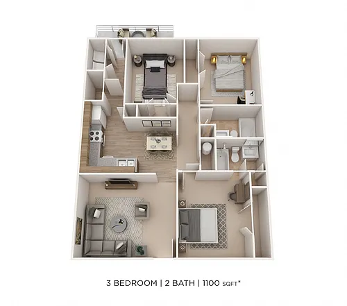 Floor plan Three Bedroom 2 Bath- Alexander Station 1100 sqft