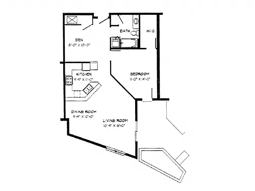Floor plan 1 Bed / 1 Bath + Den - 972 SF