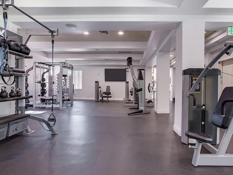 Fitness center features cardio equipment, Cybex machines, and free weights