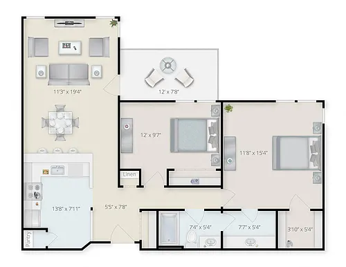 Floor plan 2 Bed - 1 Bath Extra Vanity