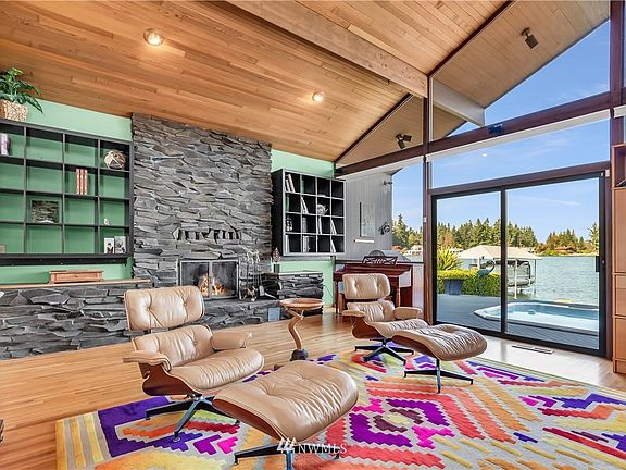 Living room with gorgeous stone fireplace