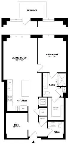 Floor plan 1 Bed/1.5 Bath Den-B20