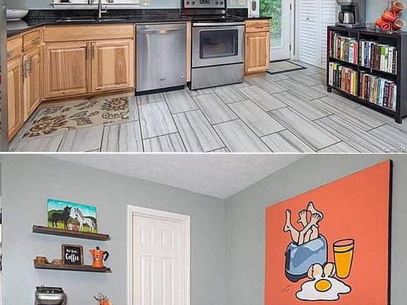 Updated, functional eat-in kitchen with laundry and walk-in pantry.