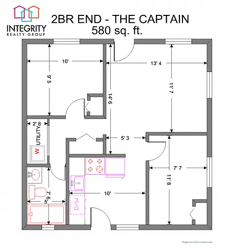Floor plan 2 Bedroom 1 Bath (End Apartment)