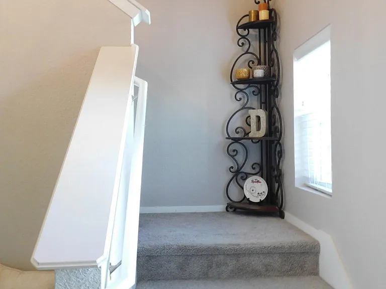 Winding carpeted staircase in soaring entryway.