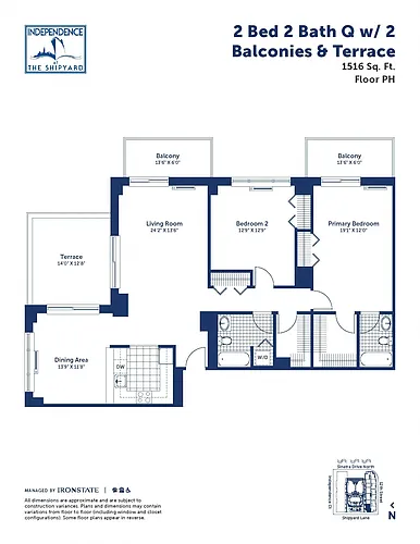 Floor plan 2 Bed 2 Bath Q With 2 Balconies and Terrace