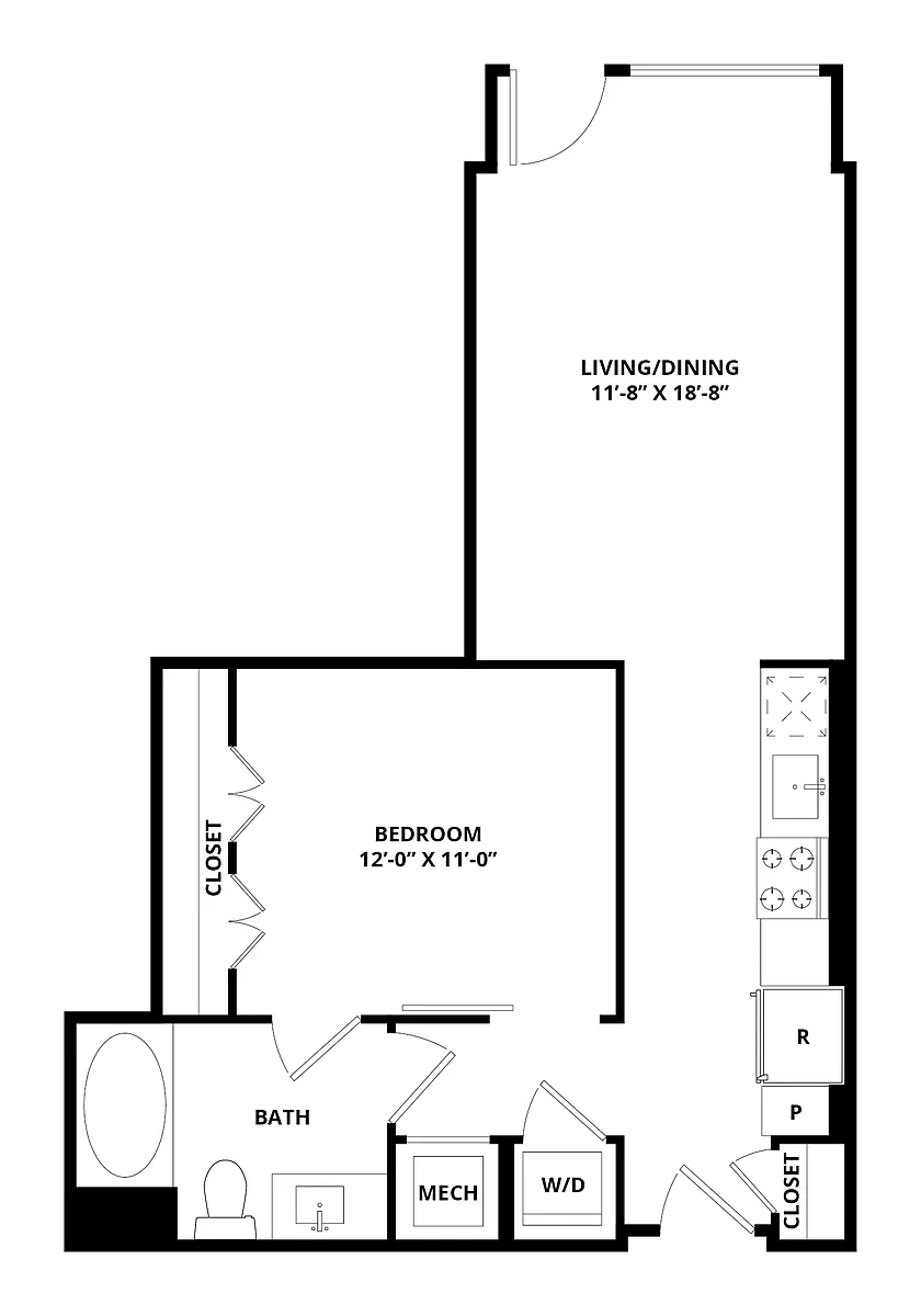 Floor plan 1 Bed/1 Bath-Frederick