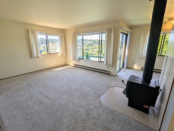Large living room and wood burning fireplace