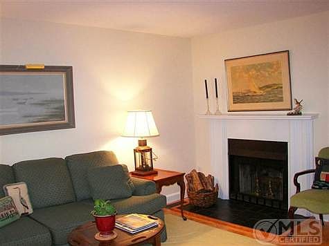 Living room has a regular fireplace.