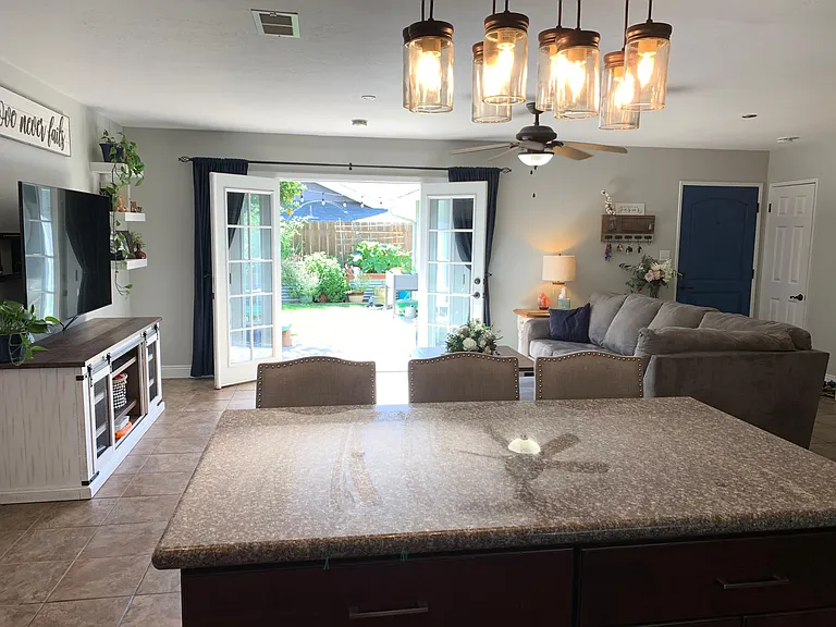 Kitchen and living room.