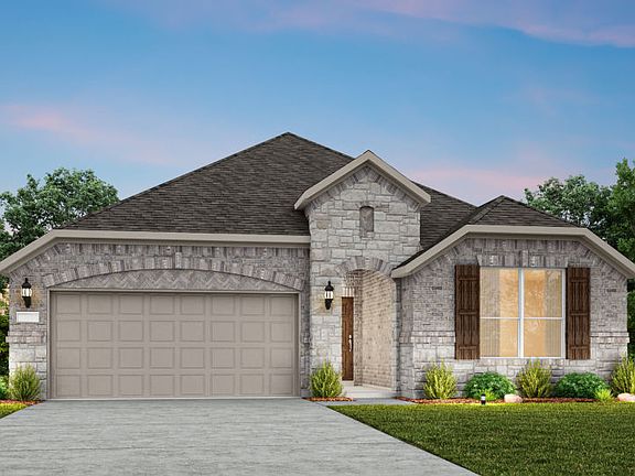 The Bell, a one-story home with 2-car garage, shown with Home Exterior C