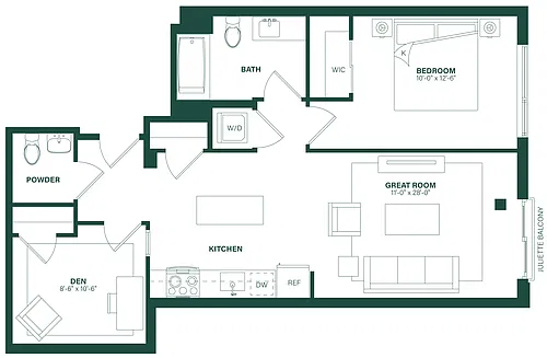 Floor plan 1 Bed/1.5 Bath Den-1K