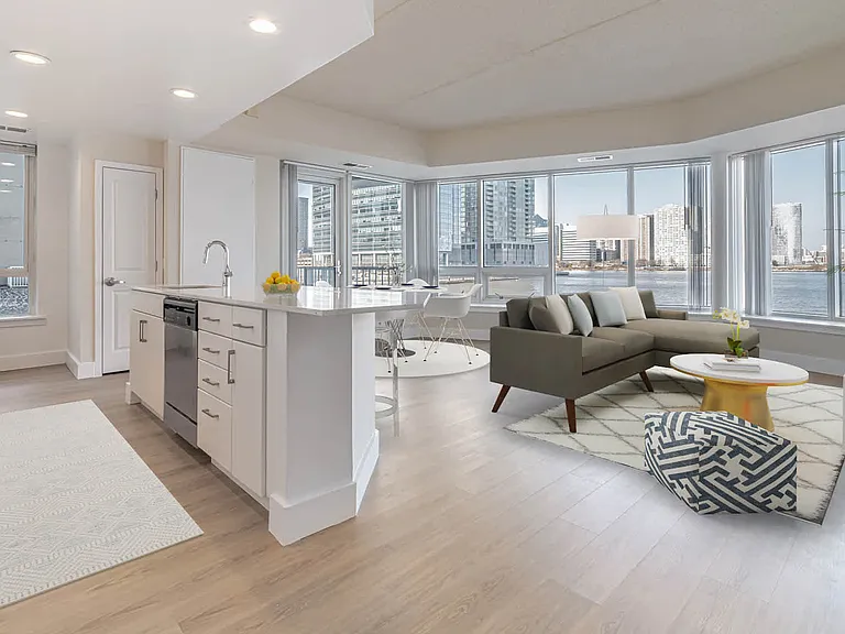 Kitchen and Living Room with Hard Surface Flooring and Wall-to-wall Windows