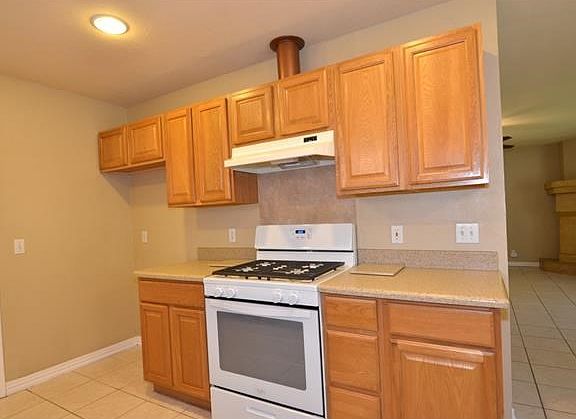 Focus on the gas range with exterior venting range hood.