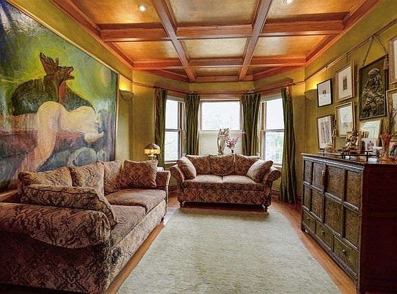 2nd floor living room, coffered ceiling with gold leaf inlay