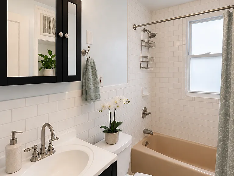 Bathroom with fan and built-in closet