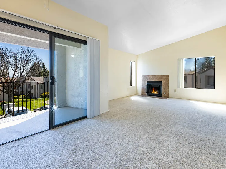 Carpeted Living Room with Balcony and Fireplace