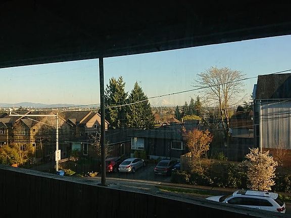 View from the living room. Bellevue is in the mid left, with Mt Ranier visible to the right of the two trees, and Seattle in the far right just barely visible. The view looks a lot better in person!
