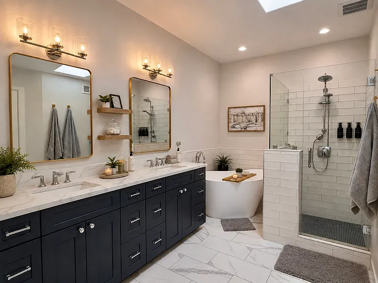 Masterbath with double sink, soaking tub, shower, walk in custom closet, water closet and skylight with electric shade.