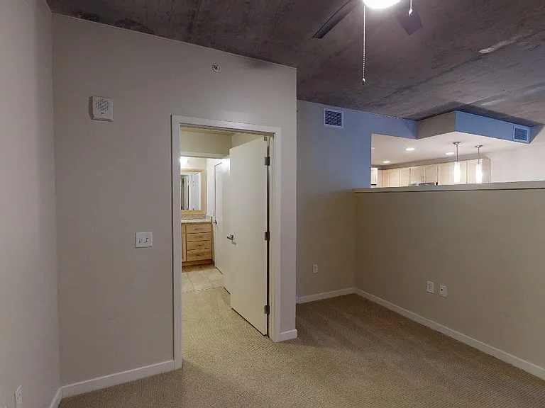 Spacious apartment bedroom with large closet, attached bathroom and plush carpet flooring.
