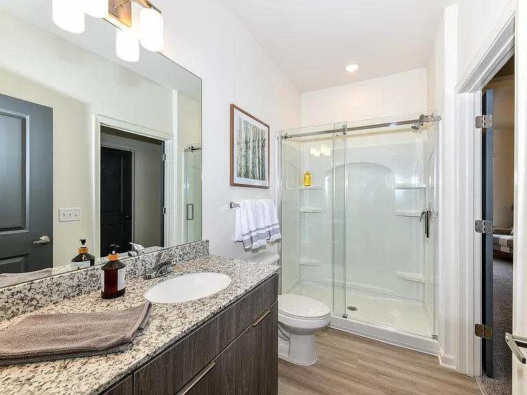 Bathroom with wide vanity and walk-in shower
