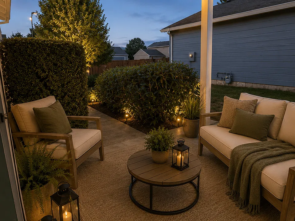 Covered front patio. 

This image has been rendered with AI staging software to show potential furniture layout and decor design.