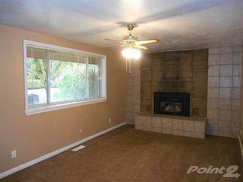 Living room has a masonry fireplace with gas insert