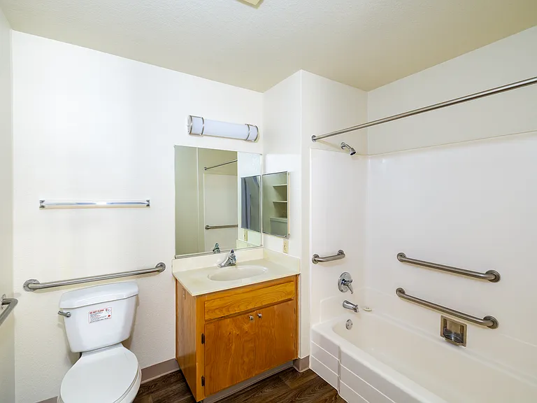 Accessible bathroom design with supportive grab bars and practical storage features.