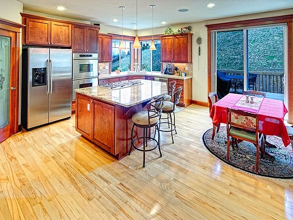 Chefs Kitchen with gas cook top. Stainless Steel Appliances Double Oven.