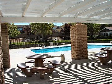 Pool area with picnic tables, lounges and nearby grassy play area.