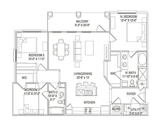Floor plan 3BR 2BA (1348 SF)