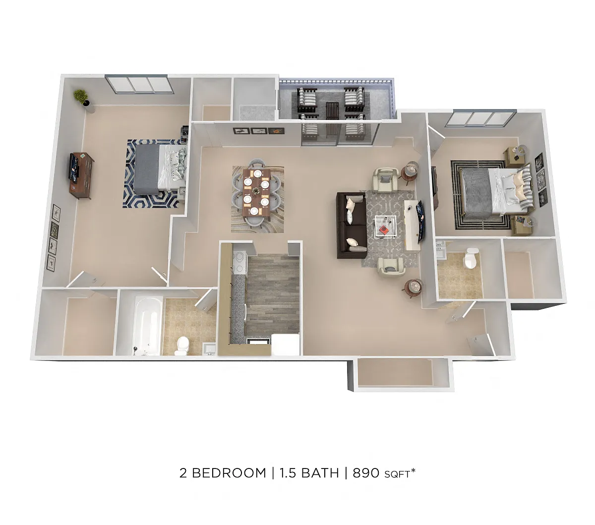 Floor plan Two Bedroom 1.5 Bath - 890 sqft