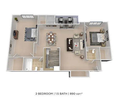 Floor plan Two Bedroom 1.5 Bath - 890 sqft