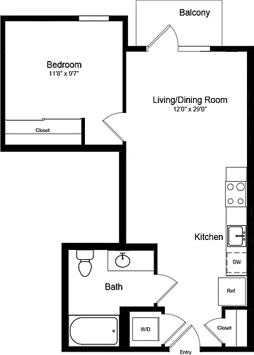 Floor plan 1 Bedroom B with Balcony