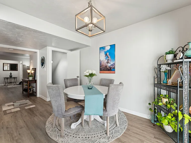 Dining area connects to downstairs living space.