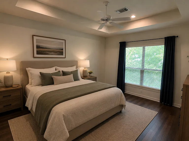 Master bedroom is shown furnished for illustration purposes. The property is unfurnished.