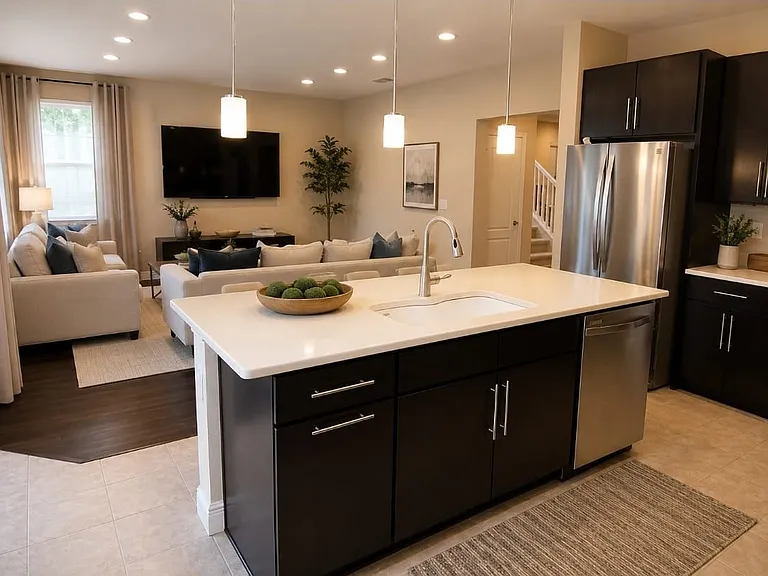 The open floor plan features generous living and dining areas