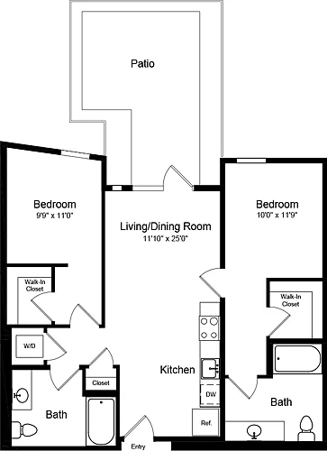 Floor plan 2 Bedroom A3 with Patio