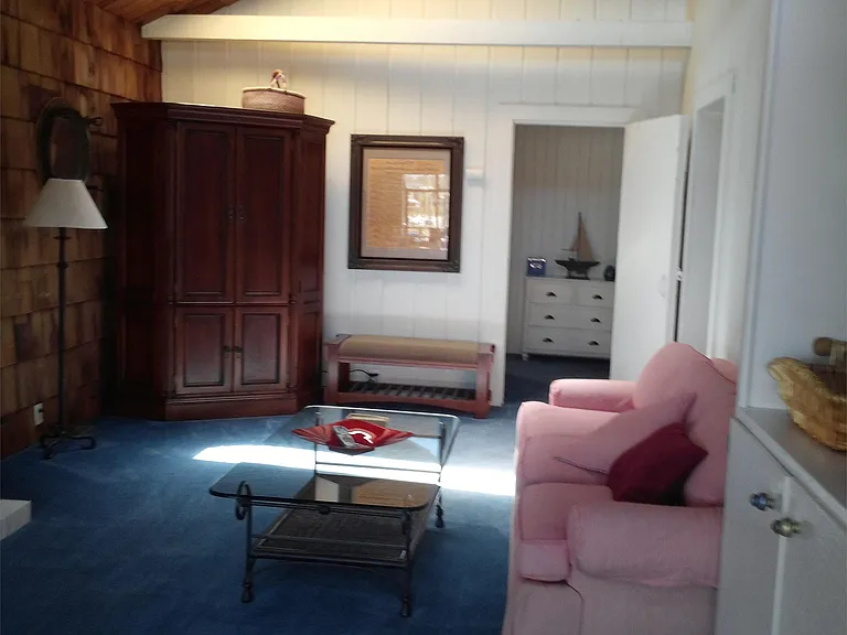 Living room with built in cabinet and harbor views